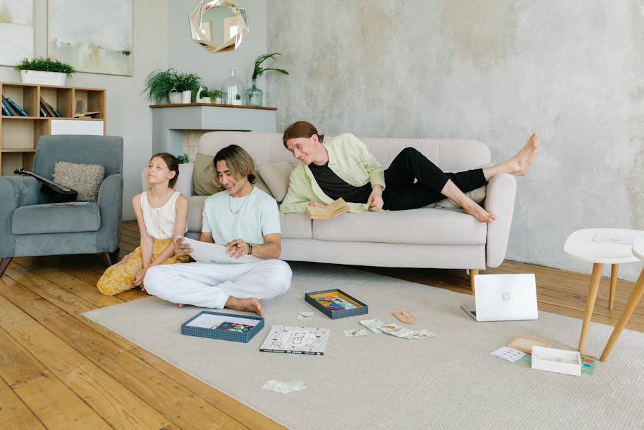 A cheerful family enjoys a leisure day indoors, playing and relaxing together.